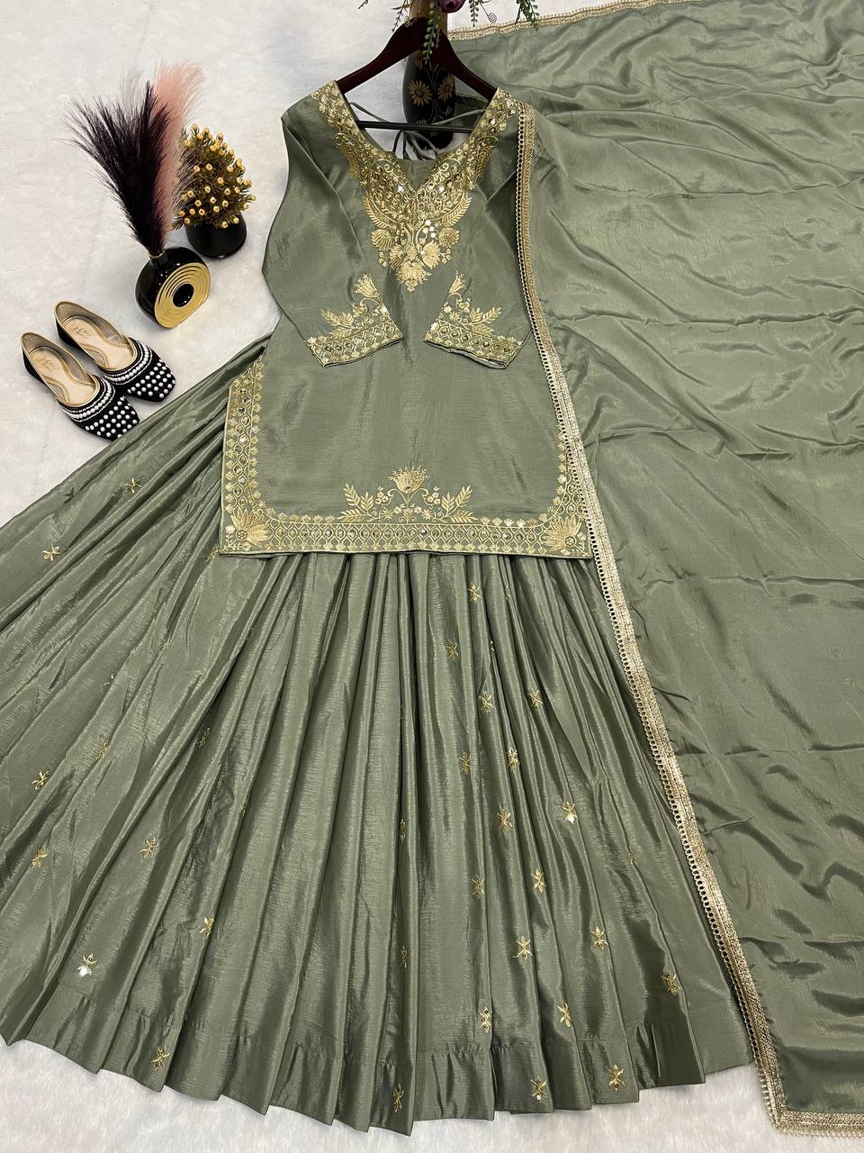 Occasion Wear Mehndi Color Chinnon Silk Multi Needle Embroidery Work Lehenga With Top