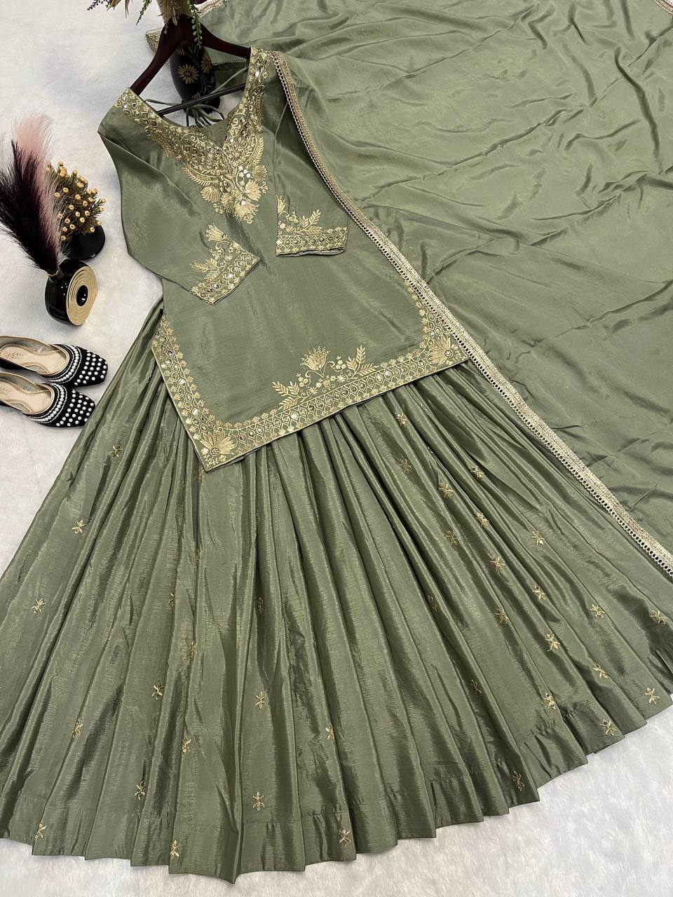 Occasion Wear Mehndi Color Chinnon Silk Multi Needle Embroidery Work Lehenga With Top