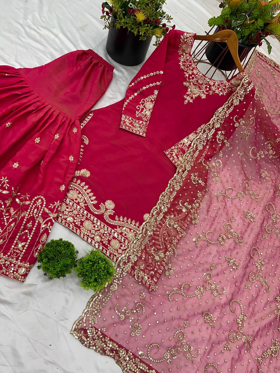 Wedding Wear Red Color Pure Heavy Simmer Silk With Embroidery Sequence Work Sharara Suit