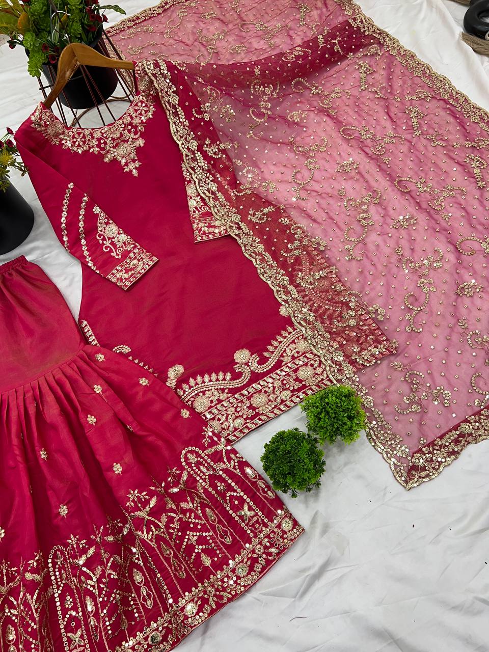 Wedding Wear Red Color Pure Heavy Simmer Silk With Embroidery Sequence Work Sharara Suit