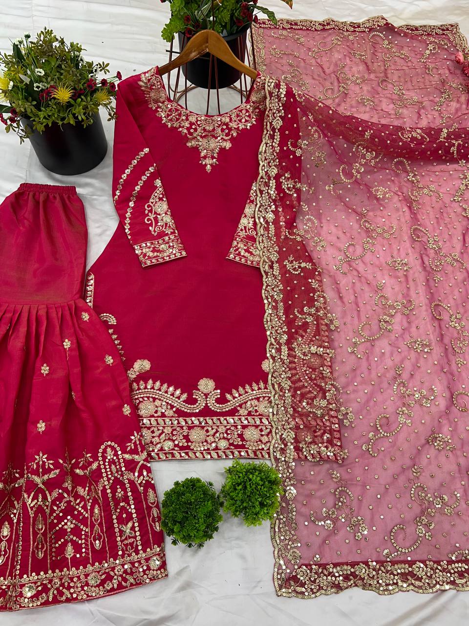 Wedding Wear Red Color Pure Heavy Simmer Silk With Embroidery Sequence Work Sharara Suit