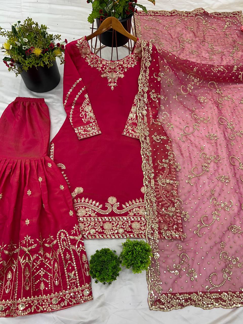 Wedding Wear Red Color Pure Heavy Simmer Silk With Embroidery Sequence Work Sharara Suit