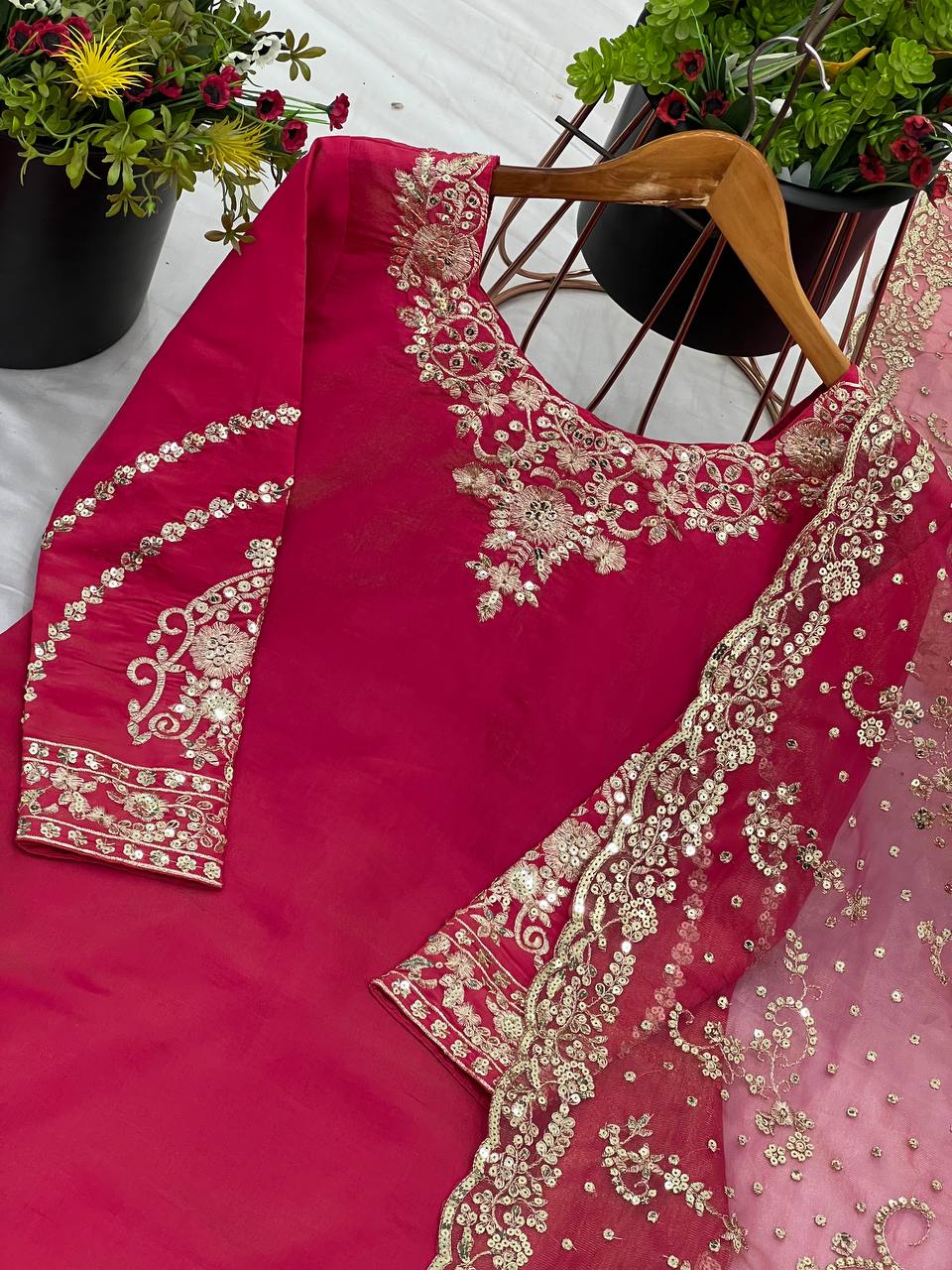Wedding Wear Red Color Pure Heavy Simmer Silk With Embroidery Sequence Work Sharara Suit