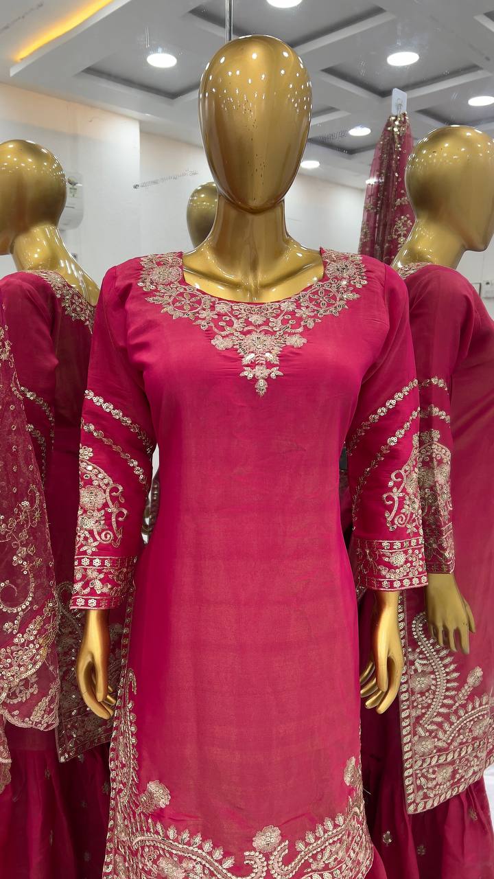 Wedding Wear Red Color Pure Heavy Simmer Silk With Embroidery Sequence Work Sharara Suit
