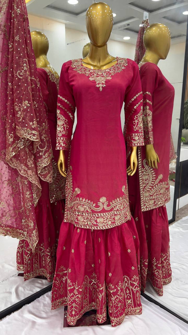 Wedding Wear Red Color Pure Heavy Simmer Silk With Embroidery Sequence Work Sharara Suit