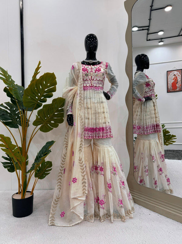Wedding Wear Cream Color Chanderi Cotton With Sequence Work Sharara Suit