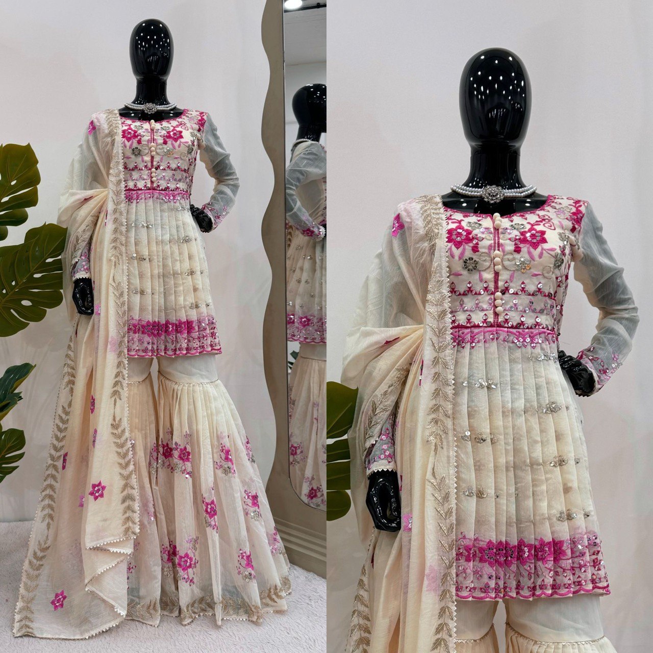 Wedding Wear Cream Color Chanderi Cotton With Sequence Work Sharara Suit