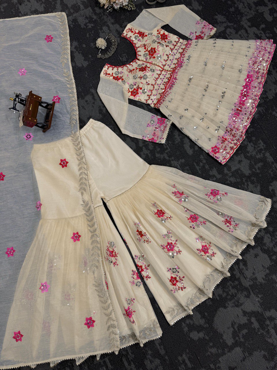 Wedding Wear Cream Color Chanderi Cotton With Sequence Work Sharara Suit