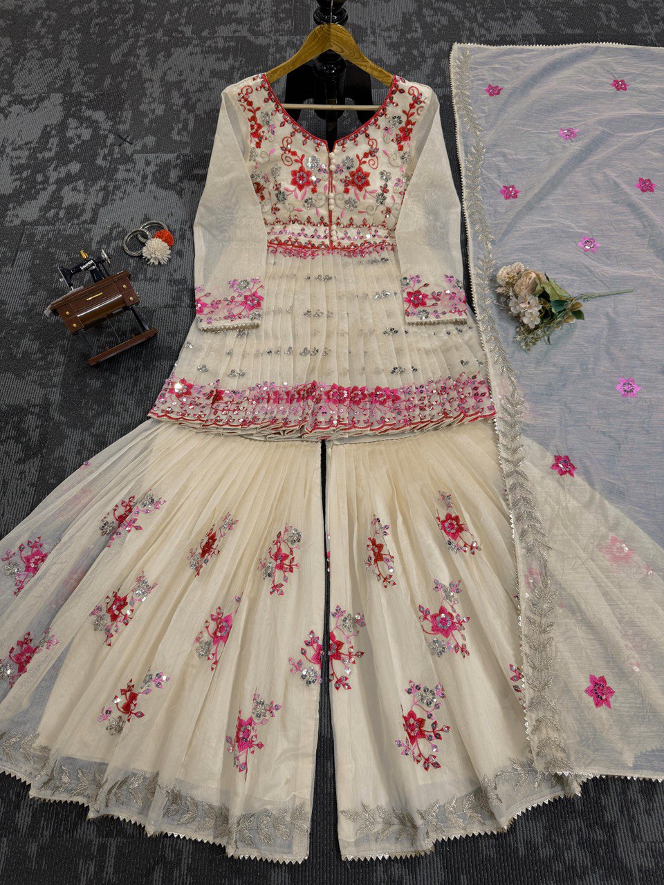 Wedding Wear Cream Color Chanderi Cotton With Sequence Work Sharara Suit