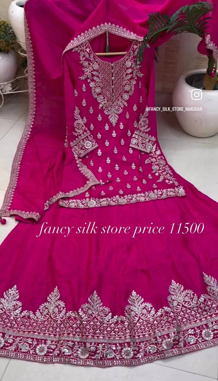 Festive Wear Pink Color Pure Chinon Silk With Heavy Embroidery Work Lehenga With Top