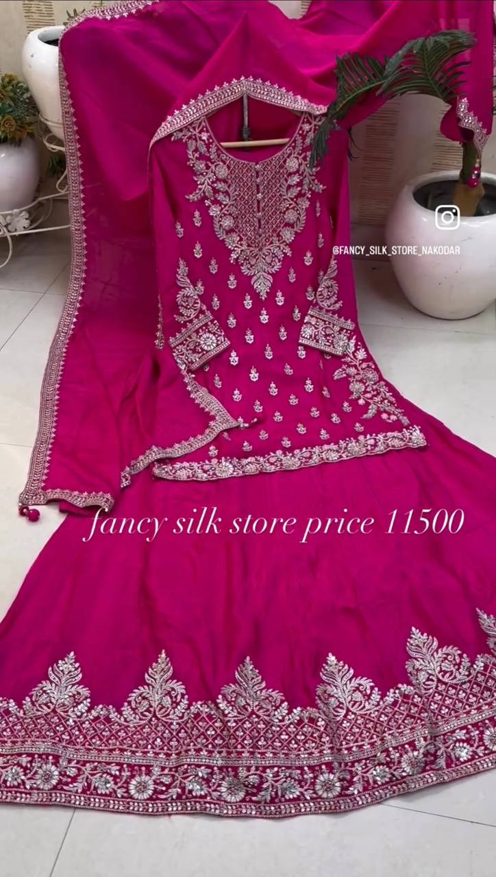 Festive Wear Pink Color Pure Chinon Silk With Heavy Embroidery Work Lehenga With Top