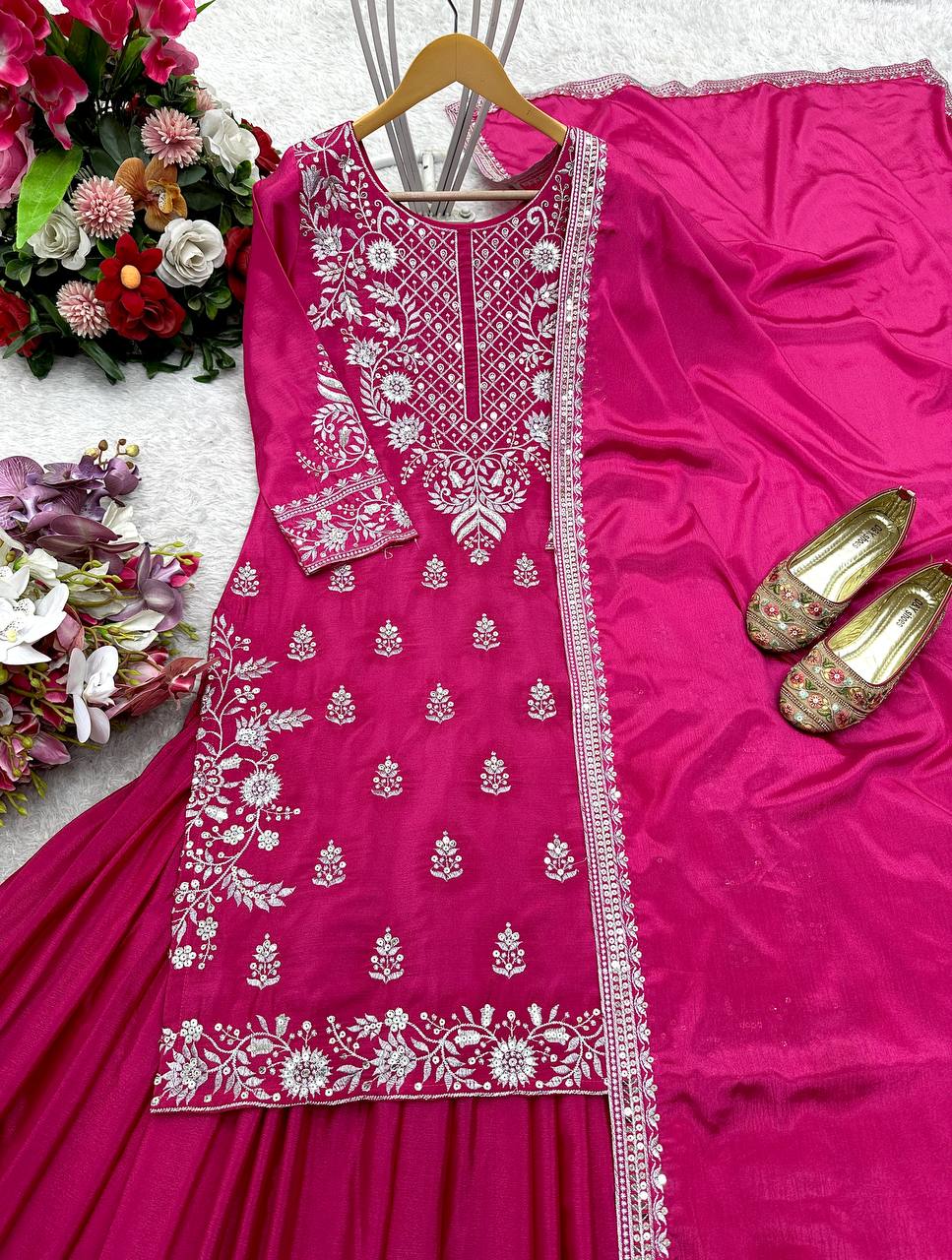 Festive Wear Pink Color Pure Chinon Silk With Heavy Embroidery Work Lehenga With Top