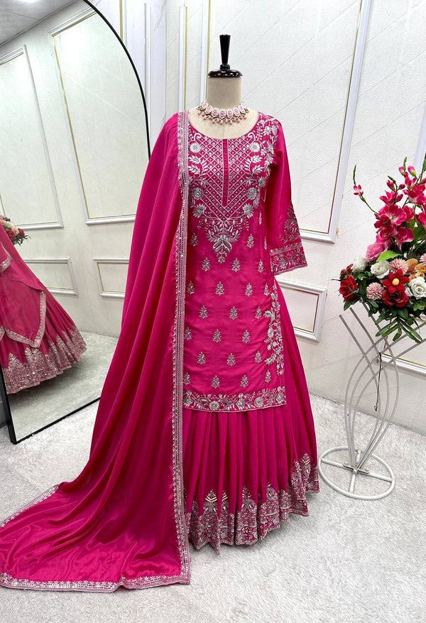 Festive Wear Pink Color Pure Chinon Silk With Heavy Embroidery Work Lehenga With Top