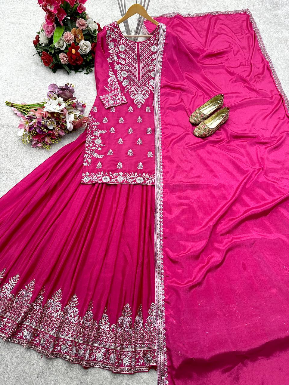 Festive Wear Pink Color Pure Chinon Silk With Heavy Embroidery Work Lehenga With Top