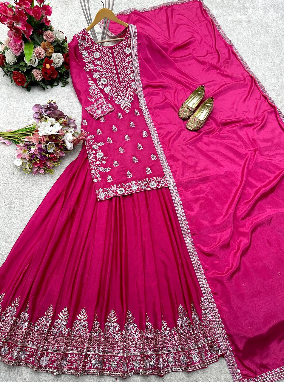 Festive Wear Pink Color Pure Chinon Silk With Heavy Embroidery Work Lehenga With Top