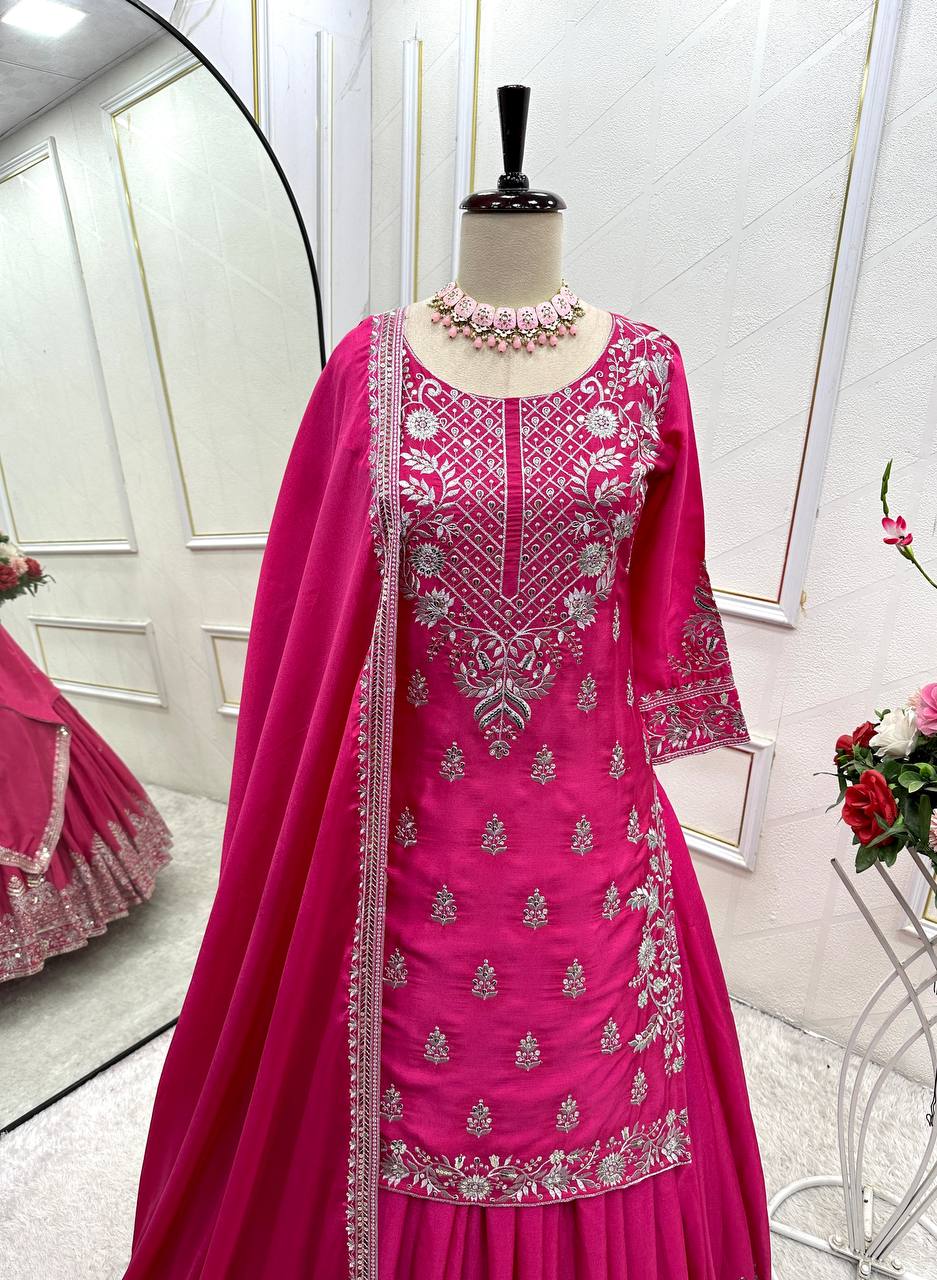 Festive Wear Pink Color Pure Chinon Silk With Heavy Embroidery Work Lehenga With Top