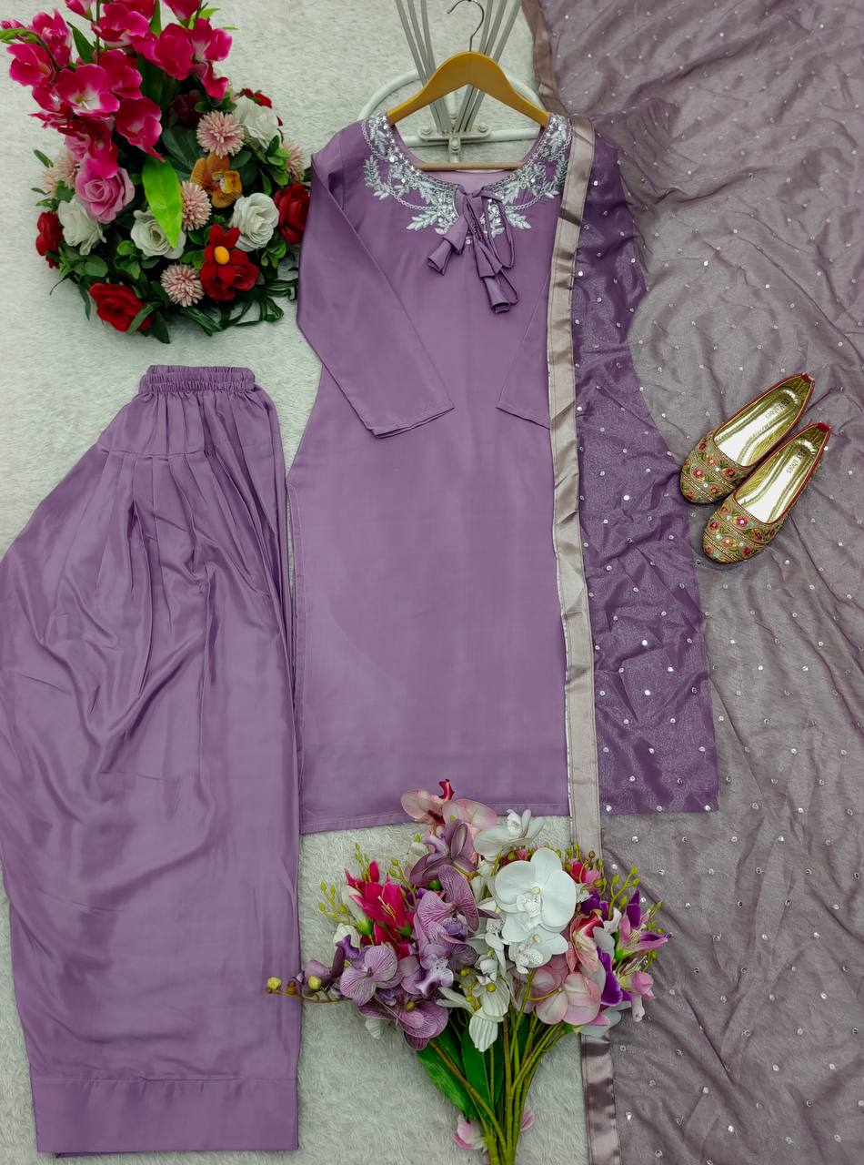 Traditional Wear Light Purple Color Pure Natural Crepe With Heavy Embroidery Sequence Work Salwar Suit