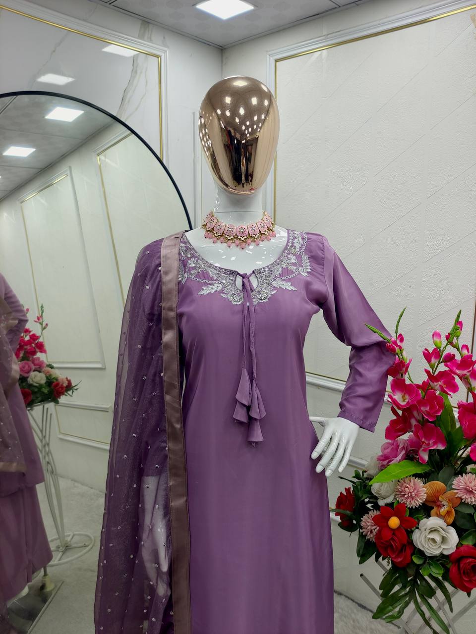 Traditional Wear Light Purple Color Pure Natural Crepe With Heavy Embroidery Sequence Work Salwar Suit