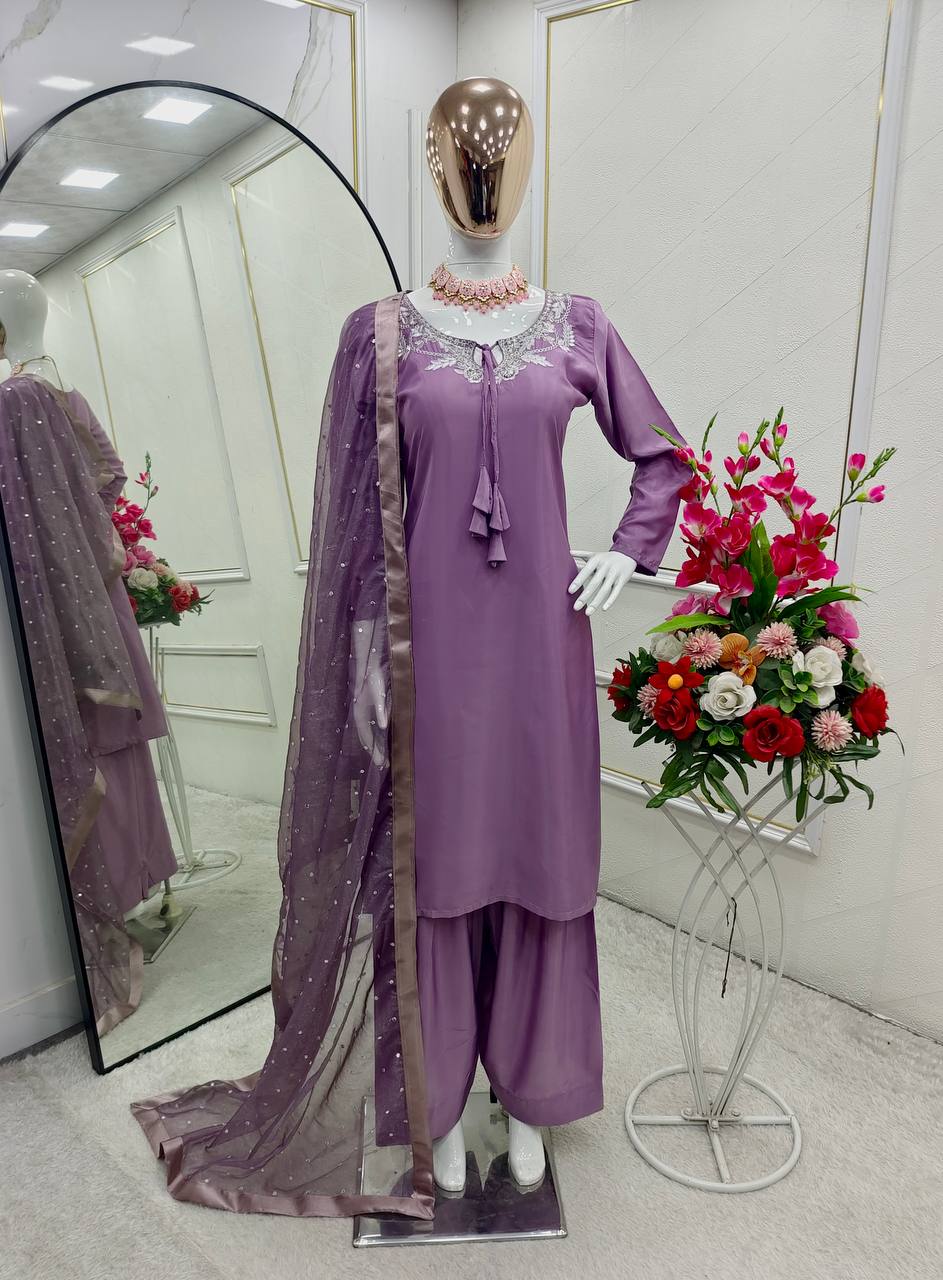 Traditional Wear Light Purple Color Pure Natural Crepe With Heavy Embroidery Sequence Work Salwar Suit