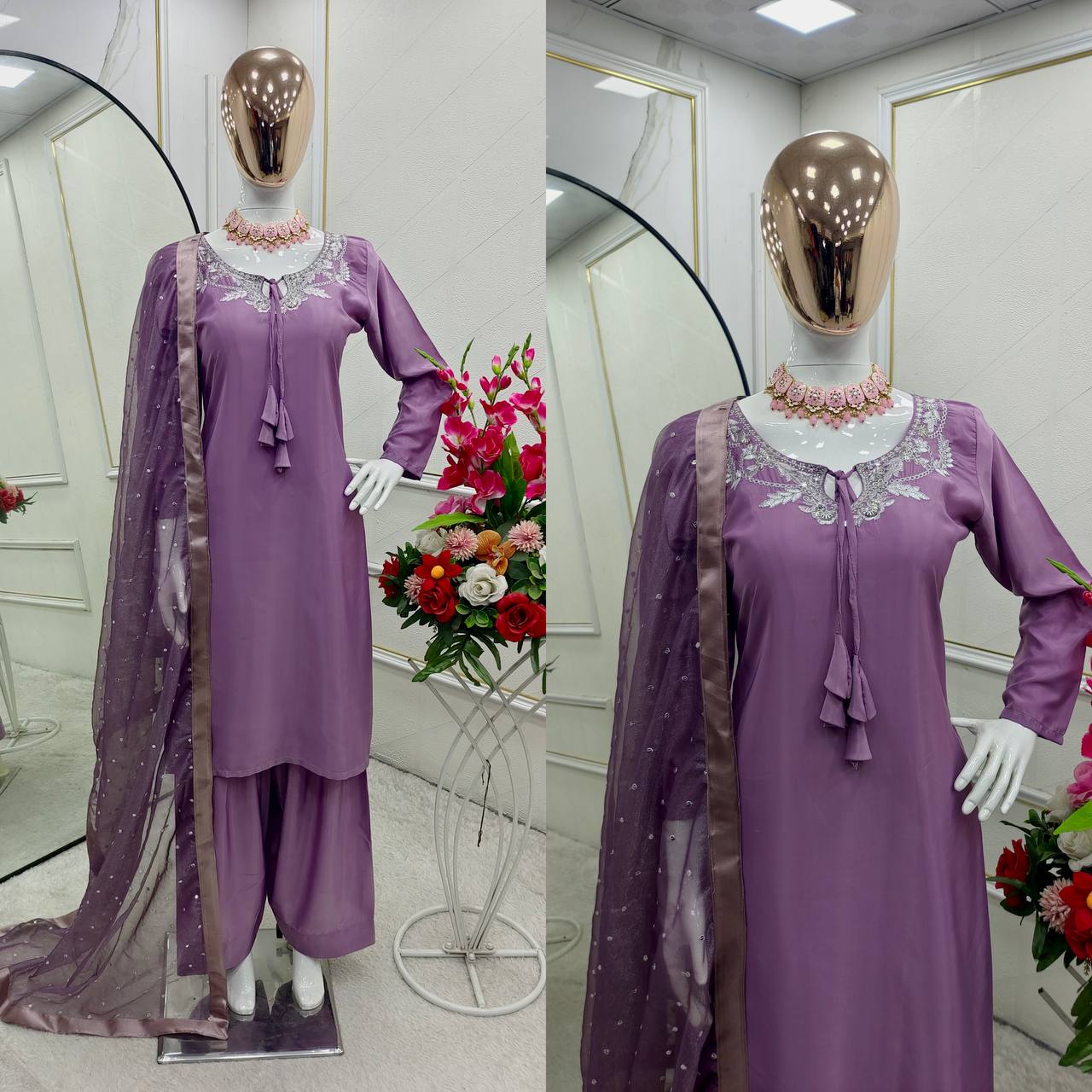 Traditional Wear Light Purple Color Pure Natural Crepe With Heavy Embroidery Sequence Work Salwar Suit
