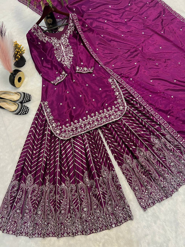Wedding Wear Wine Color Pure Heavy Chinon Silk With Heavy Embroidery Work Palazzo Suit