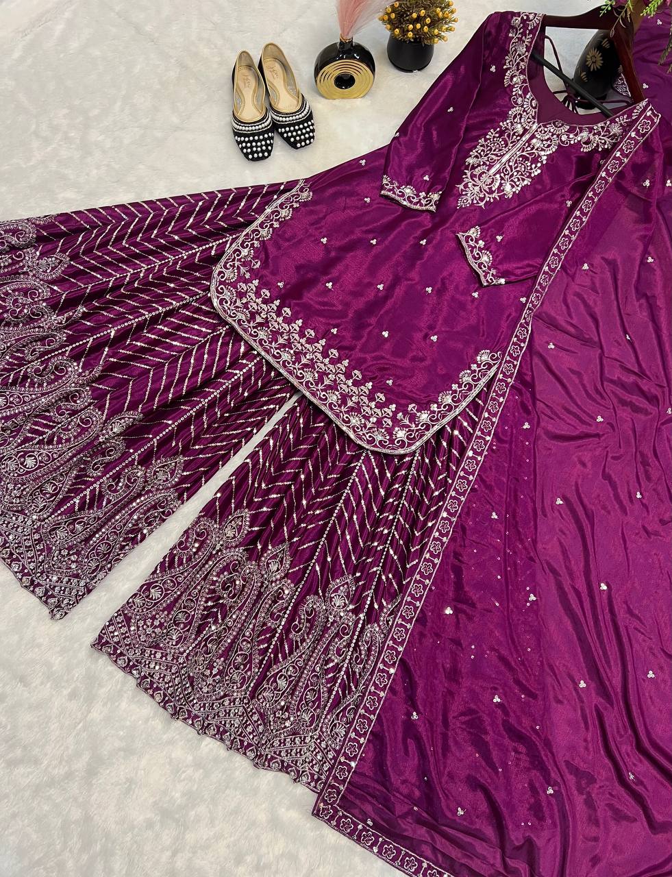 Wedding Wear Wine Color Pure Heavy Chinon Silk With Heavy Embroidery Work Palazzo Suit