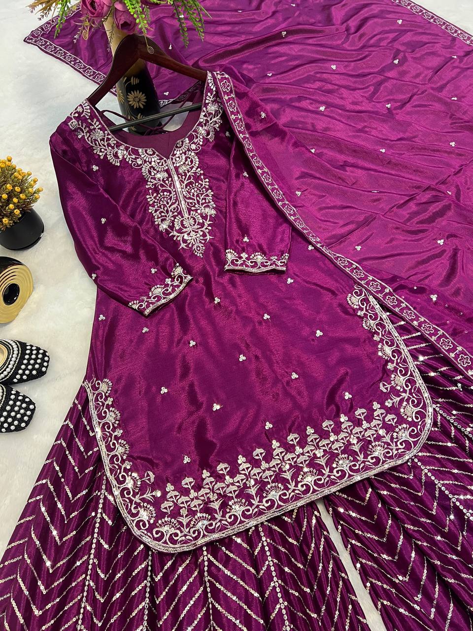 Wedding Wear Wine Color Pure Heavy Chinon Silk With Heavy Embroidery Work Palazzo Suit