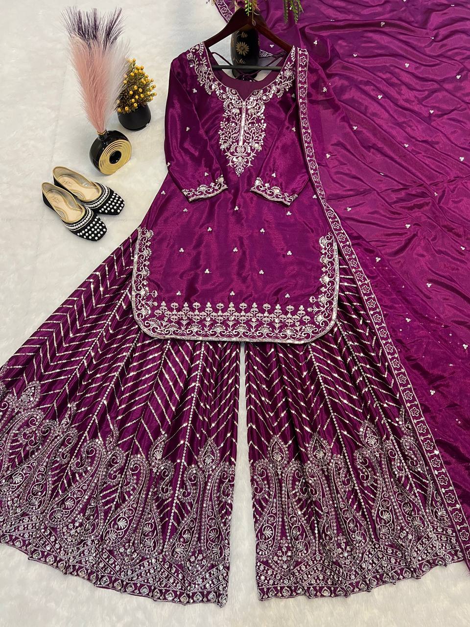 Wedding Wear Wine Color Pure Heavy Chinon Silk With Heavy Embroidery Work Palazzo Suit