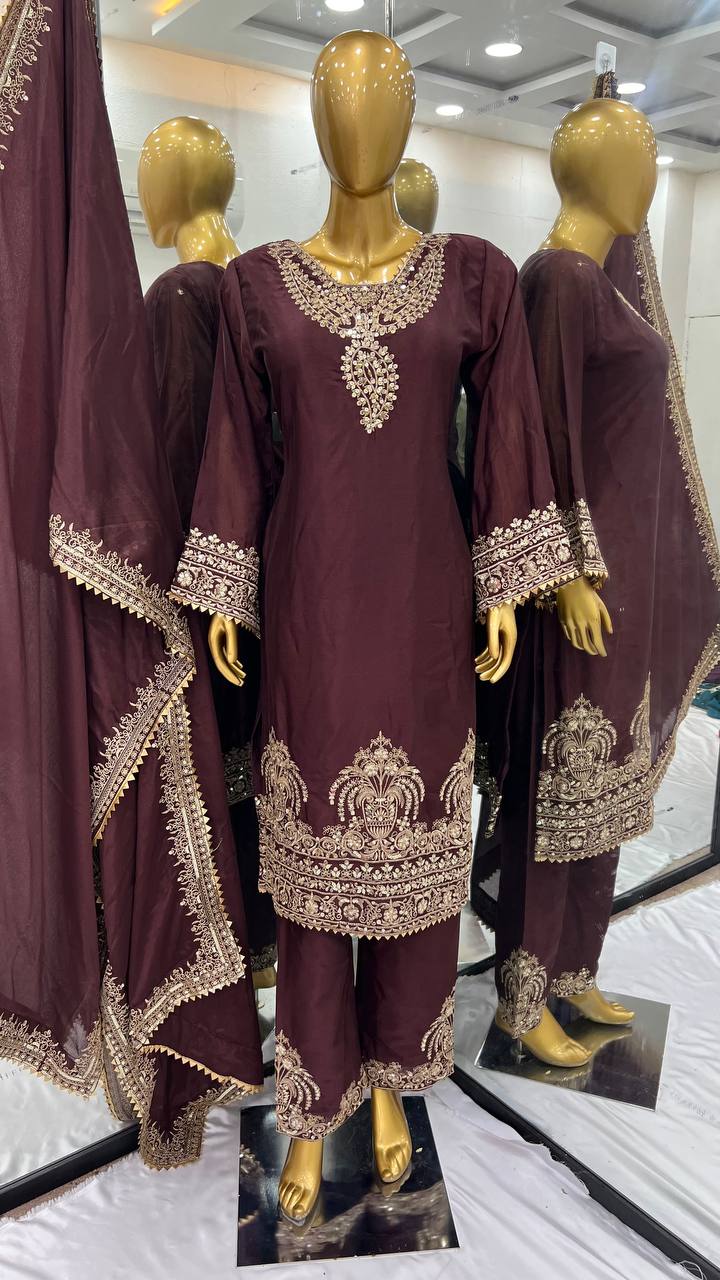 Wedding Wear Coffee Color Heavy Chinon Silk With Heavy Embroidery Sequence Work Salwar Suit