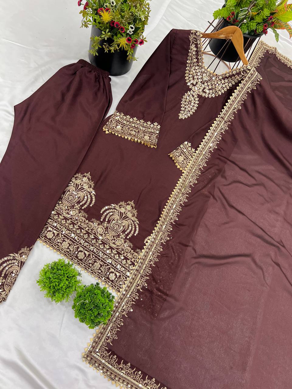 Wedding Wear Coffee Color Heavy Chinon Silk With Heavy Embroidery Sequence Work Salwar Suit