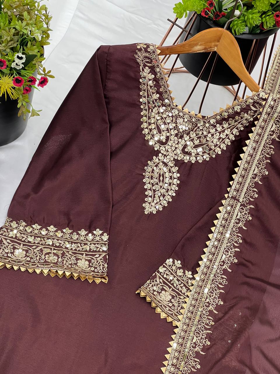 Wedding Wear Coffee Color Heavy Chinon Silk With Heavy Embroidery Sequence Work Salwar Suit
