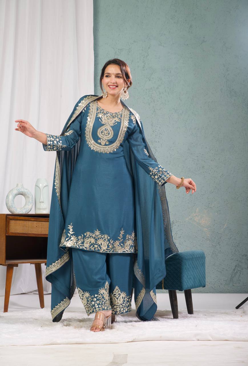 Stunning Teal Blue Color Pure Heavy Chinon Silk With Heavy Embroidery Coding Sequence Work Salwar Suit