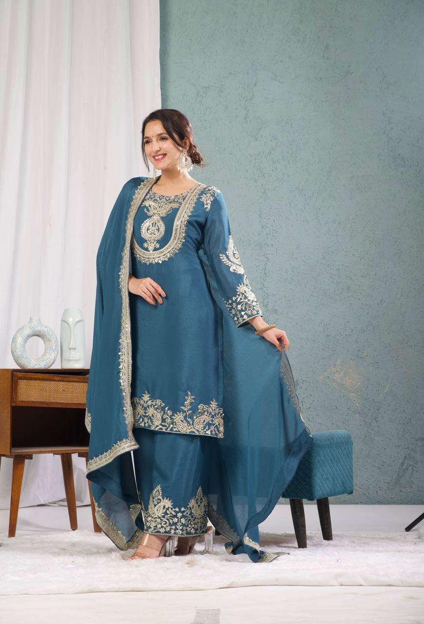 Stunning Teal Blue Color Pure Heavy Chinon Silk With Heavy Embroidery Coding Sequence Work Salwar Suit