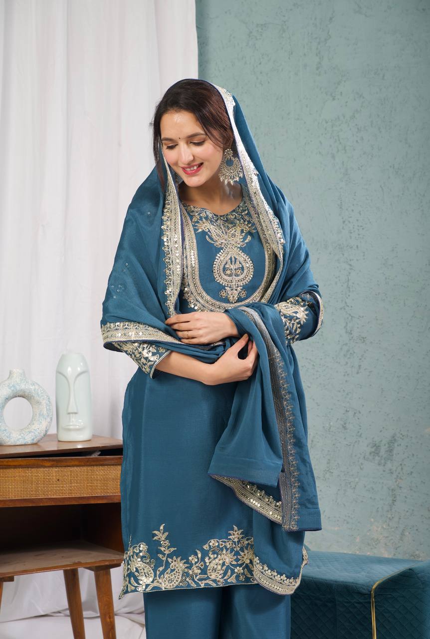 Stunning Teal Blue Color Pure Heavy Chinon Silk With Heavy Embroidery Coding Sequence Work Salwar Suit