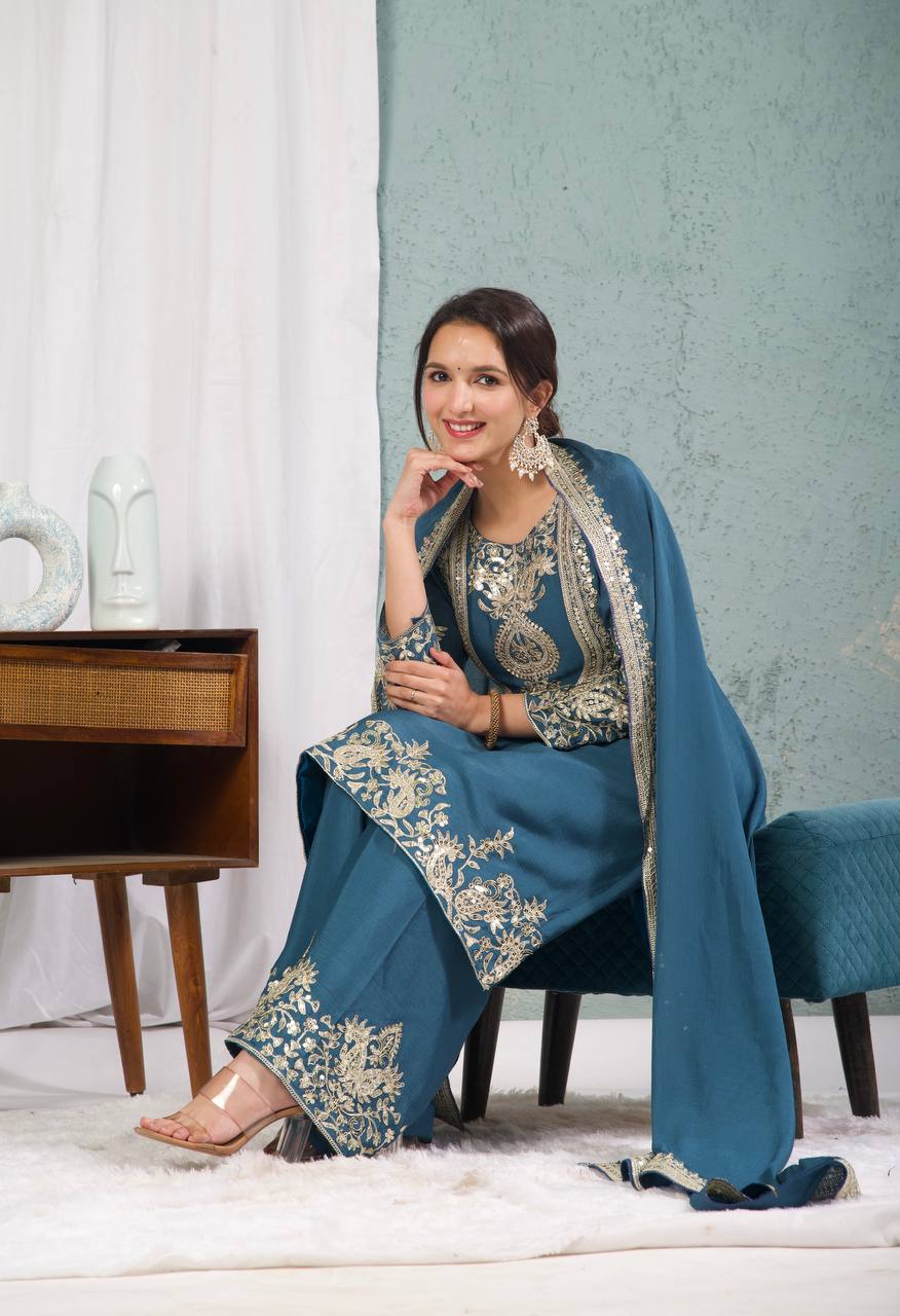 Stunning Teal Blue Color Pure Heavy Chinon Silk With Heavy Embroidery Coding Sequence Work Salwar Suit