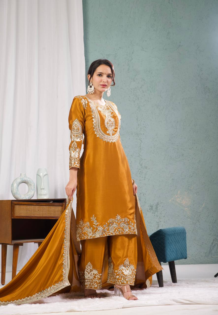 Stunning Yellow Color Pure Heavy Chinon Silk With Heavy Embroidery Coding Sequence Work Salwar Suit