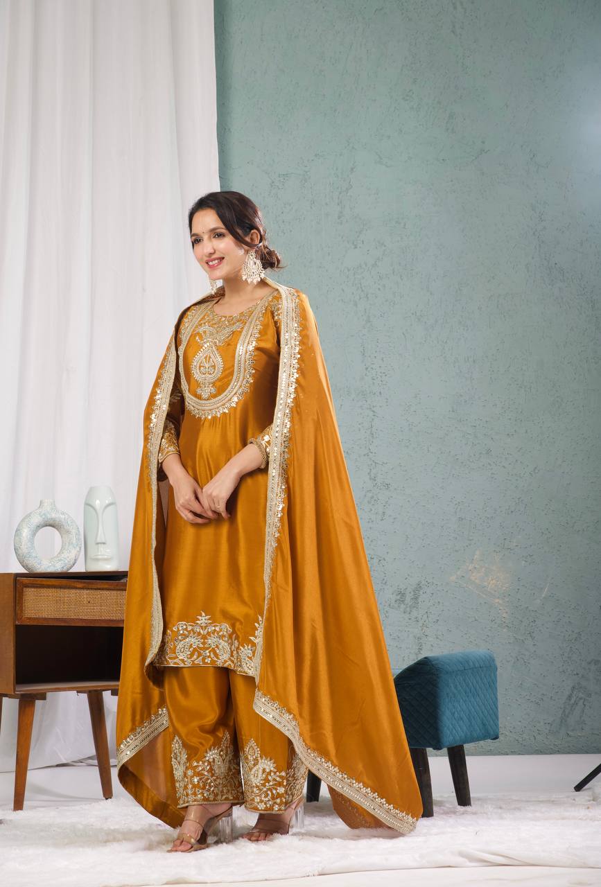 Stunning Yellow Color Pure Heavy Chinon Silk With Heavy Embroidery Coding Sequence Work Salwar Suit
