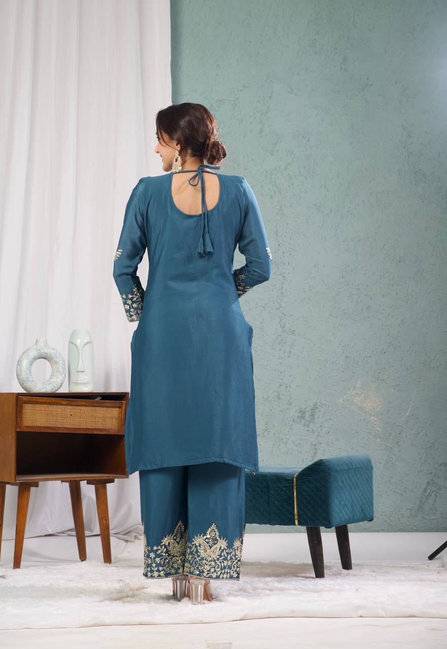 Stunning Teal Blue Color Pure Heavy Chinon Silk With Heavy Embroidery Coding Sequence Work Salwar Suit