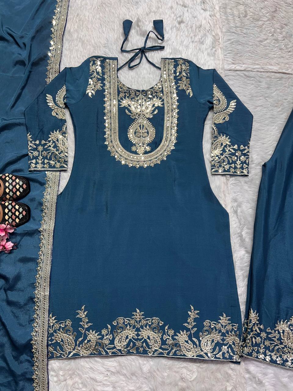 Stunning Teal Blue Color Pure Heavy Chinon Silk With Heavy Embroidery Coding Sequence Work Salwar Suit