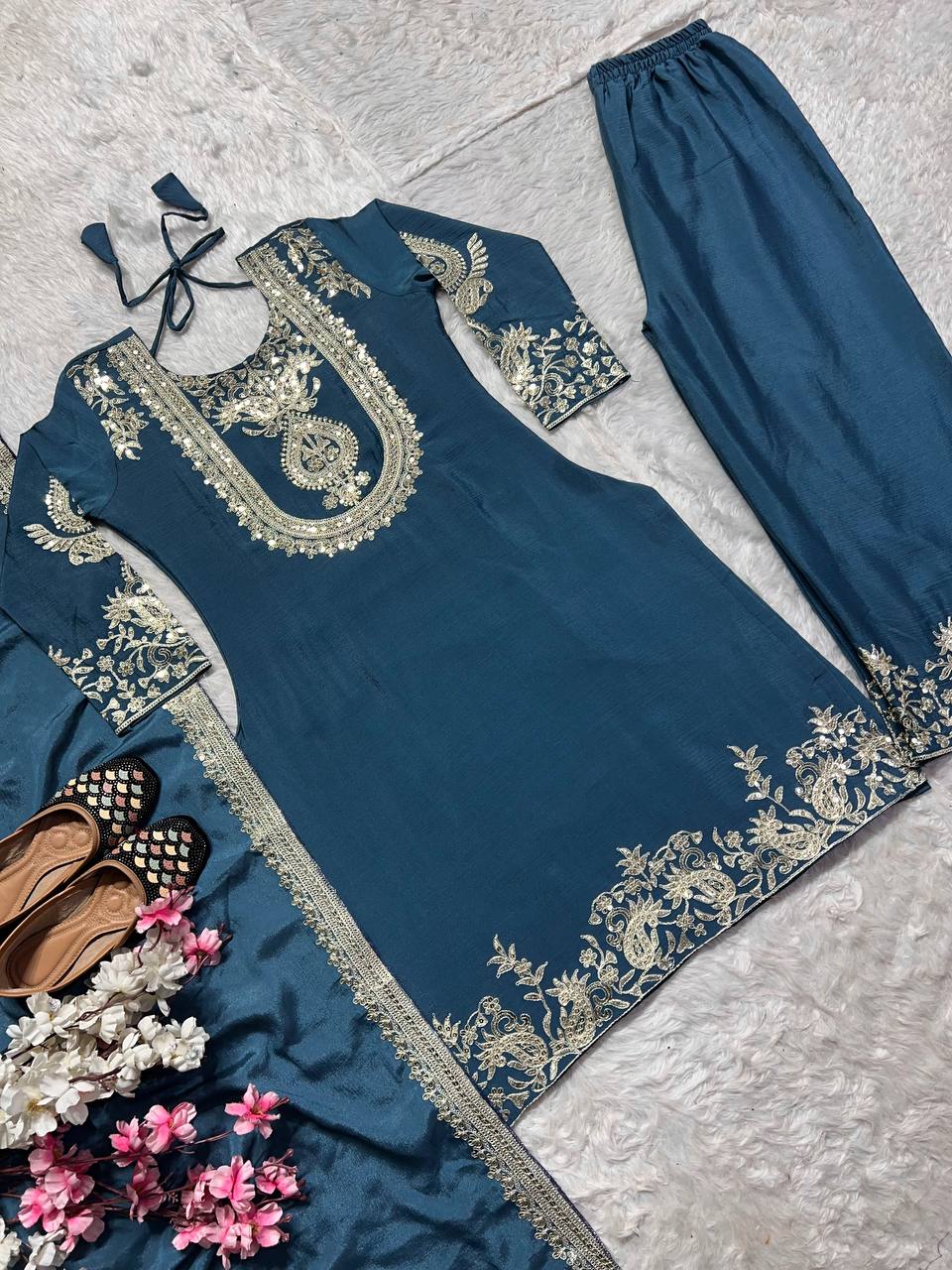 Stunning Teal Blue Color Pure Heavy Chinon Silk With Heavy Embroidery Coding Sequence Work Salwar Suit