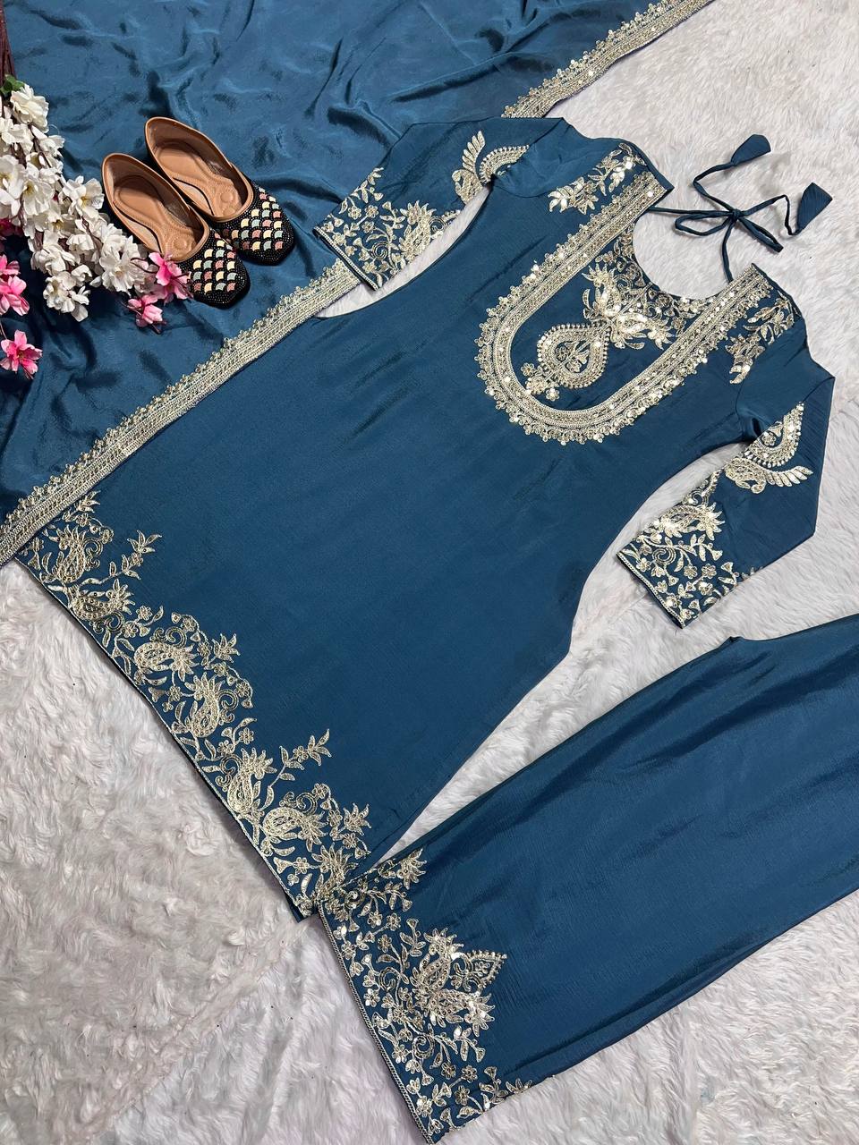 Stunning Teal Blue Color Pure Heavy Chinon Silk With Heavy Embroidery Coding Sequence Work Salwar Suit