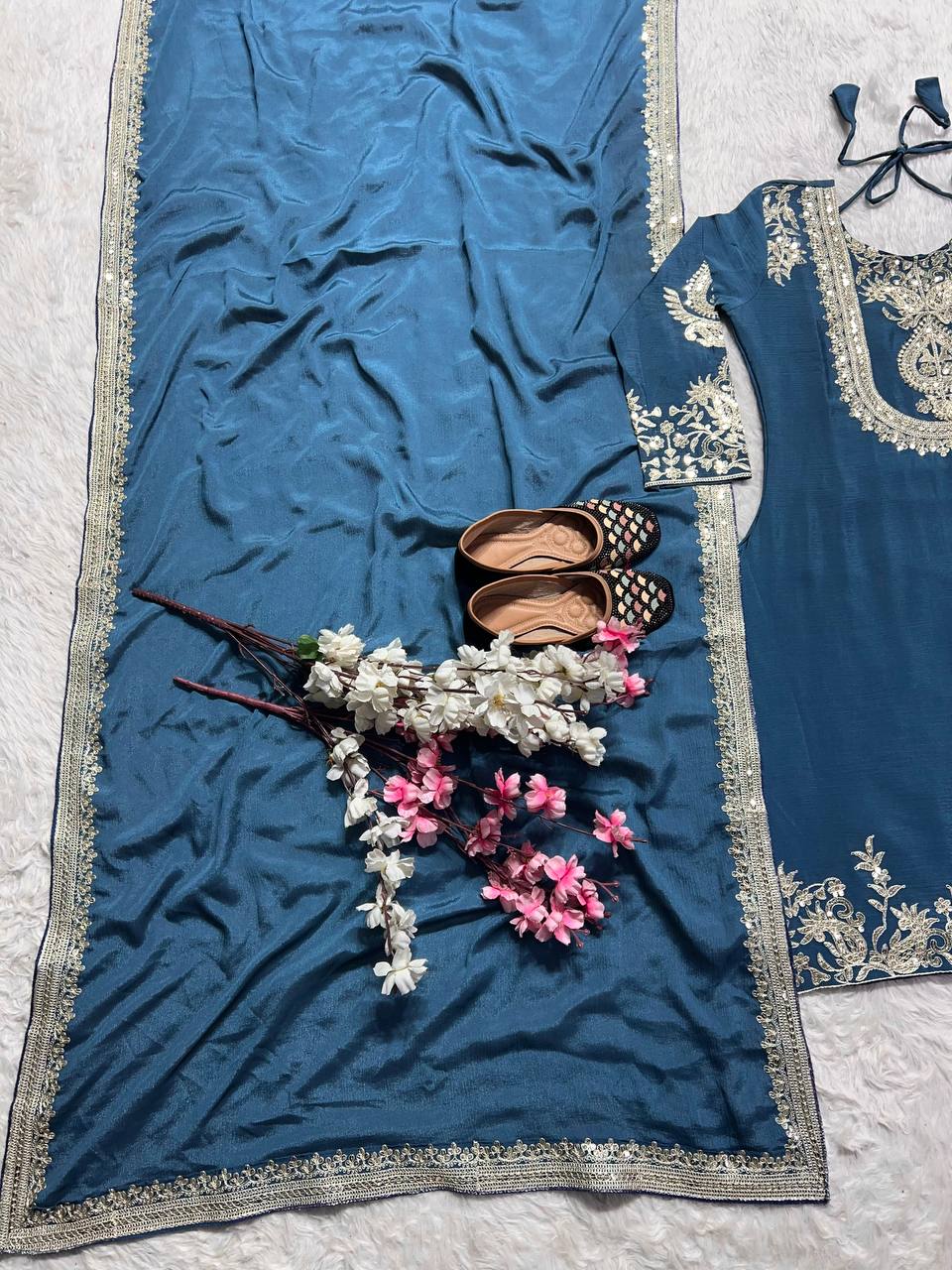 Stunning Teal Blue Color Pure Heavy Chinon Silk With Heavy Embroidery Coding Sequence Work Salwar Suit