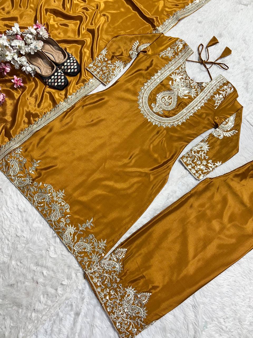 Stunning Yellow Color Pure Heavy Chinon Silk With Heavy Embroidery Coding Sequence Work Salwar Suit