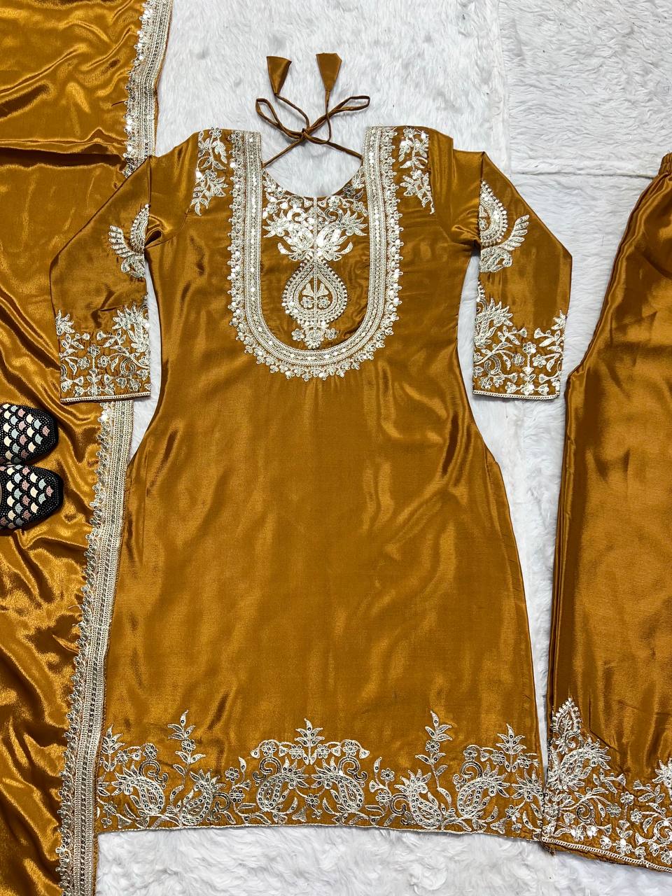 Stunning Yellow Color Pure Heavy Chinon Silk With Heavy Embroidery Coding Sequence Work Salwar Suit