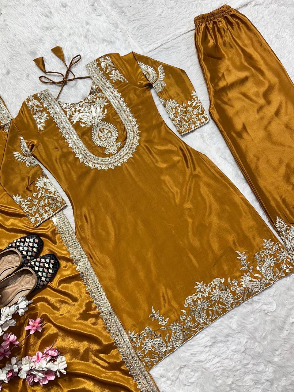 Stunning Yellow Color Pure Heavy Chinon Silk With Heavy Embroidery Coding Sequence Work Salwar Suit
