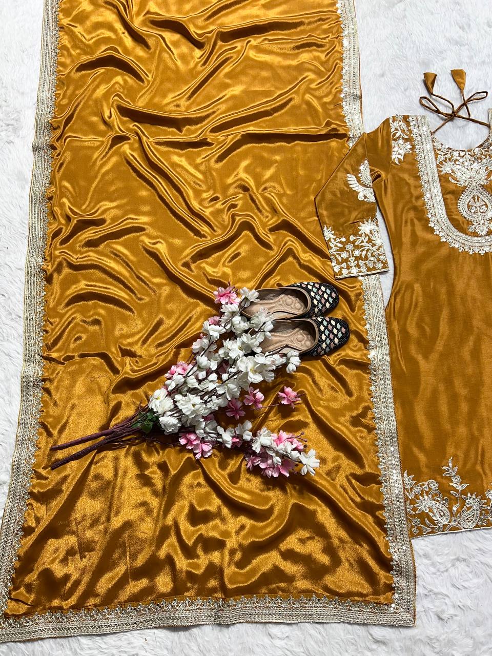 Stunning Yellow Color Pure Heavy Chinon Silk With Heavy Embroidery Coding Sequence Work Salwar Suit