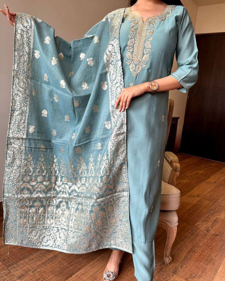 Party Wear Sky Blue Color Viscose Chanderi With Embroidery Straight Kurta Set