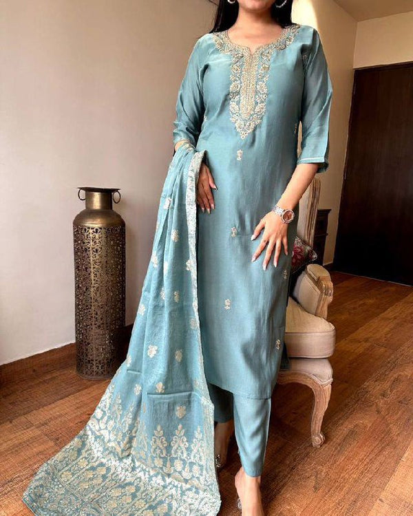 Party Wear Sky Blue Color Viscose Chanderi With Embroidery Straight Kurta Set