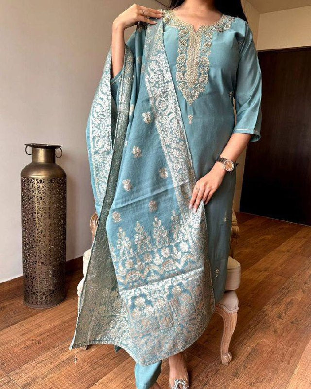 Party Wear Sky Blue Color Viscose Chanderi With Embroidery Straight Kurta Set