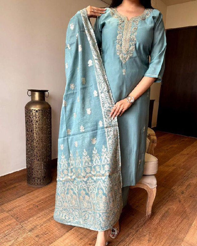 Party Wear Sky Blue Color Viscose Chanderi With Embroidery Straight Kurta Set